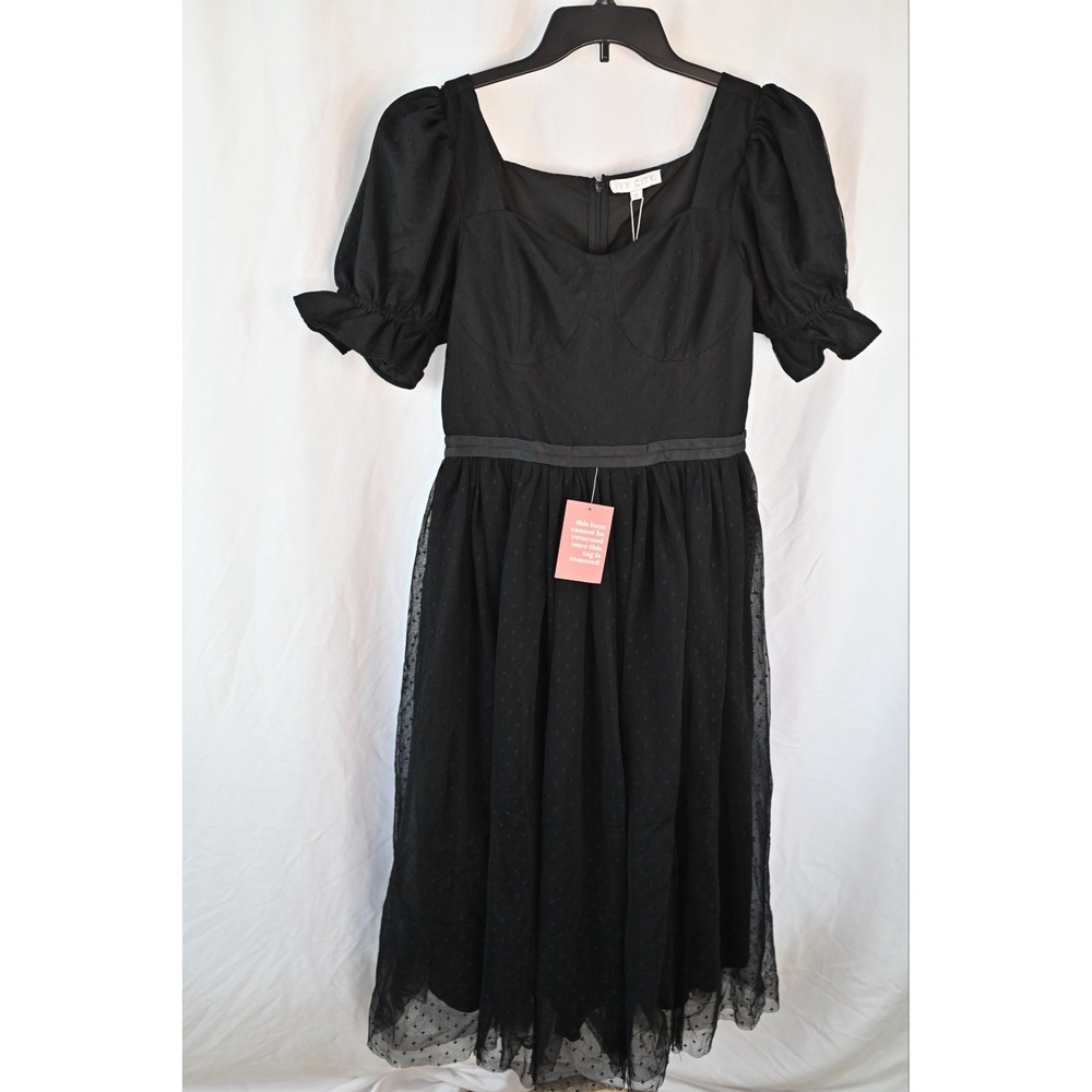 Ivy City Co. Ballerina Midi in Black Tulle Puff Sleeve Fit & Flare Dress Sz S